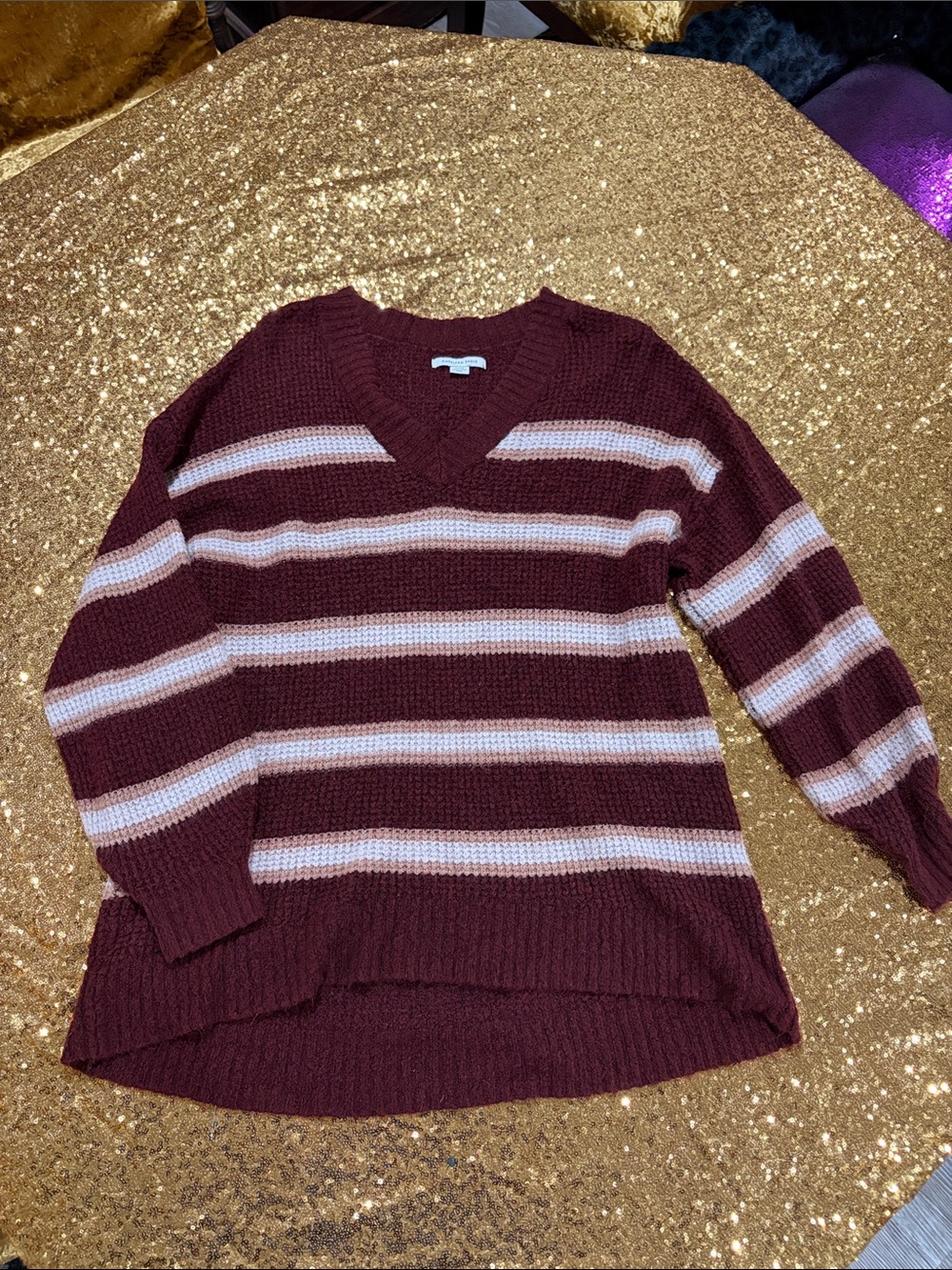 Striped V-Neck Knit Sweater in Burgundy with Cream & Pink Stripes